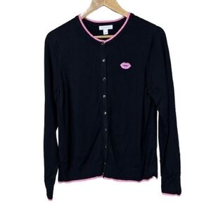 Charter Club Black Cardigan with Pink Embroidered Lip Appliqué Size L
